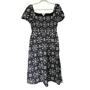 Women's Loft Short Sleeve Navy & White Floral Dress Medium Elastic Bodice